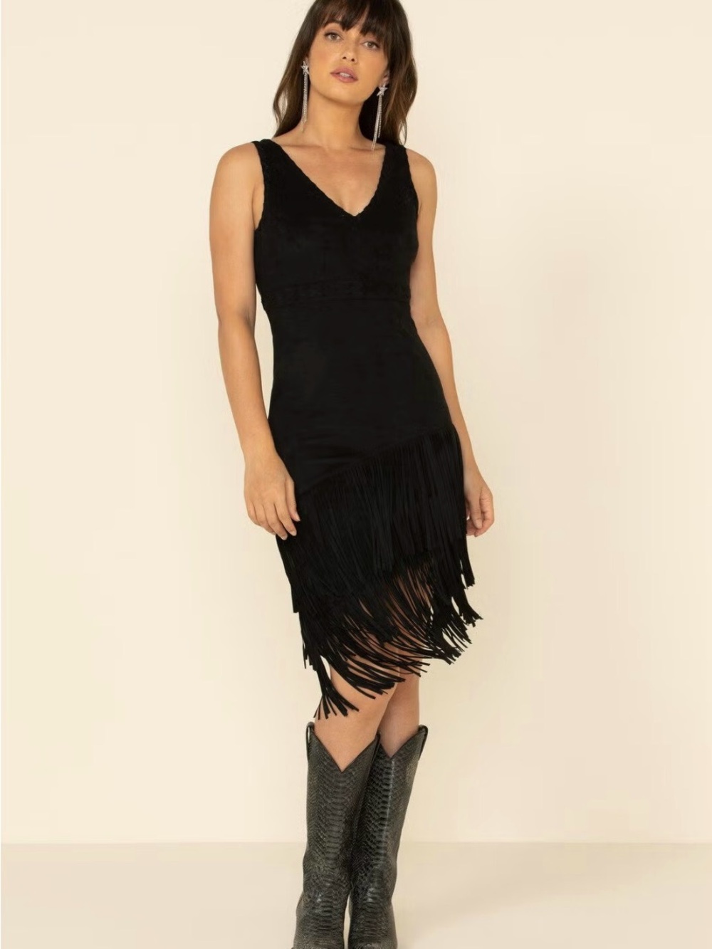 Idyllwind Black V-Neck Fringe Mini Dress Faux Suede Sz M